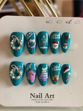 Teal Christmas Press-On Nails - Med